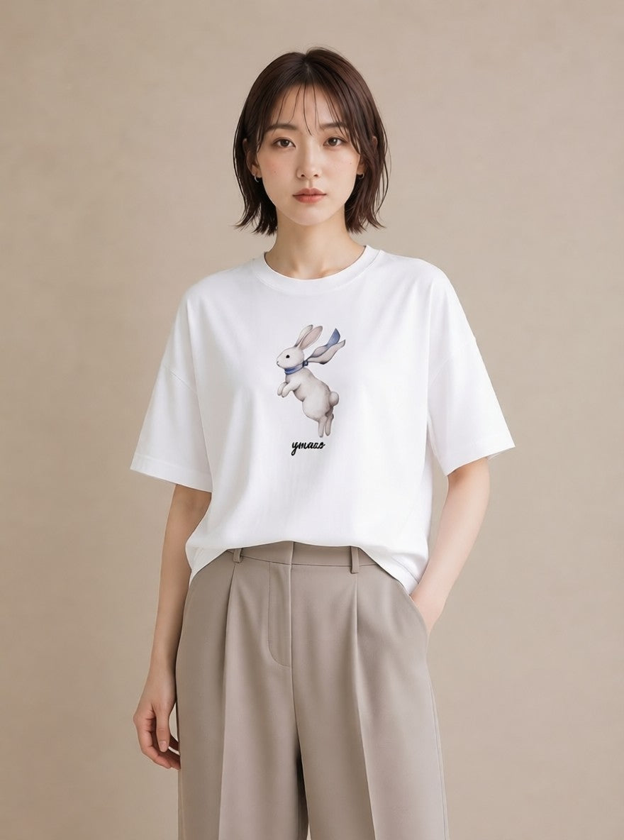 プリントTシャツ レディース ミニうさぎ ペット 動物 イラスト ゆるコーデ 母娘コーデ 自分用 白T YMAZO