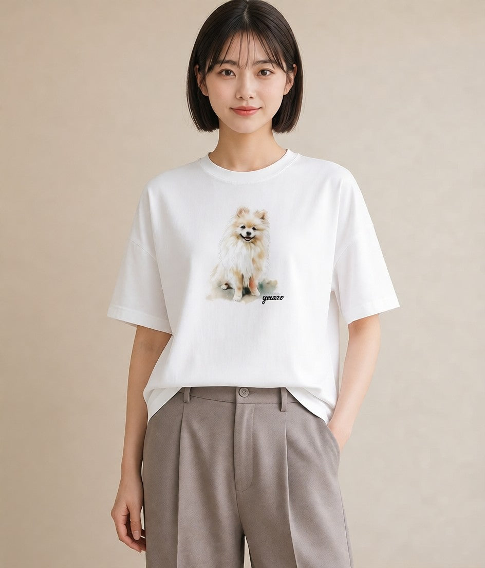 半袖Tシャツ レディース ポメラニアン ポメ 犬 いぬ イラスト ヴィンテージ風 友達ギフト 部屋着 白T YMAZO