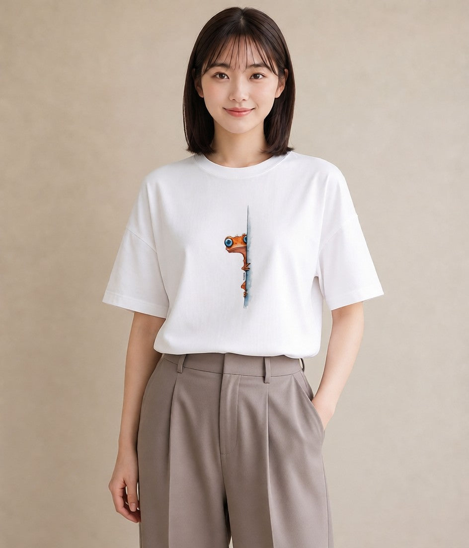 半袖Tシャツ レディース アマガエル ペット 動物 イラスト ガーリー ママ カフェ服 白T YMAZO