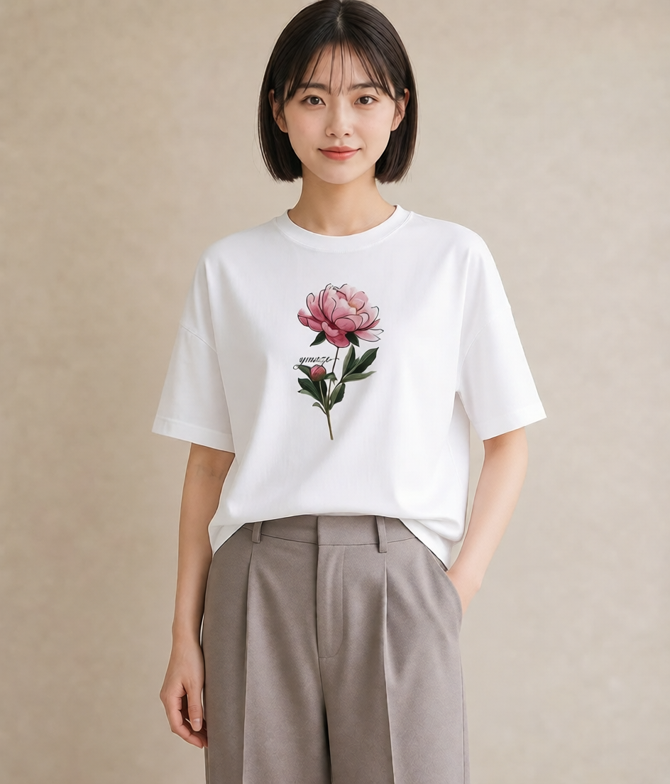 半袖Tシャツ レディース 牡丹 花 花柄 イラスト 普段使い 女性 旅行用 白T YMAZO