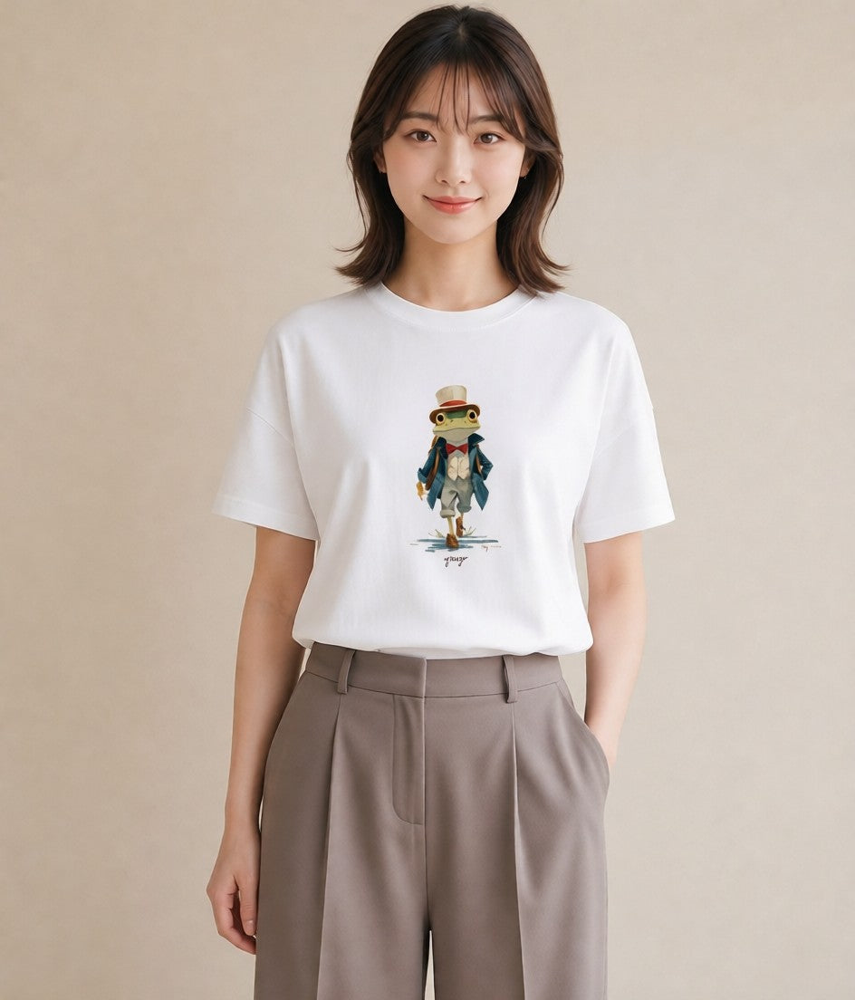デザインTシャツ レディース カエル ペット 動物 イラスト ゆるコーデ 20代 カジュアルコーデ 白T YMAZO