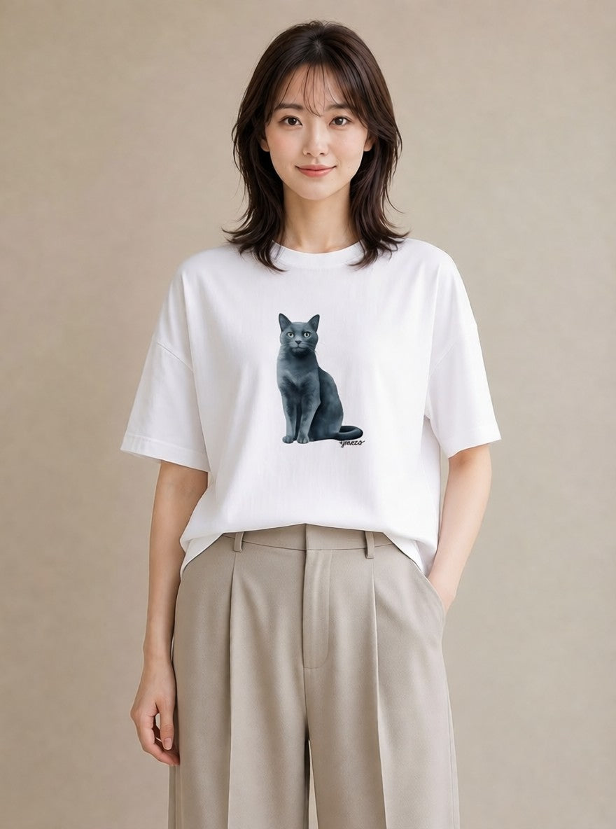 プリントTシャツ レディース ペルシャ 猫 ねこ イラスト カジュアル お出かけ 普段着 白T YMAZO