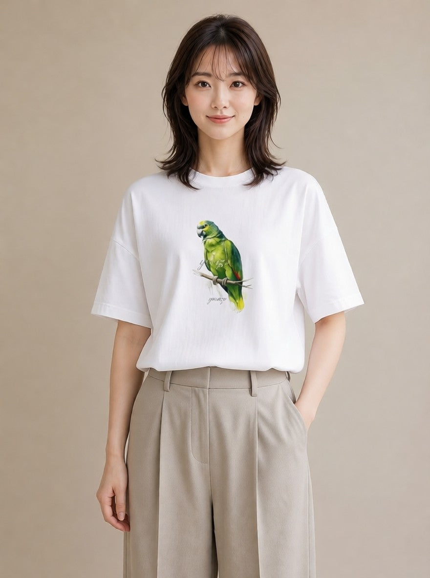 プリントTシャツ レディース コザクラインコ ペット 動物 イラスト 線画 ママ カフェ服 白T YMAZO