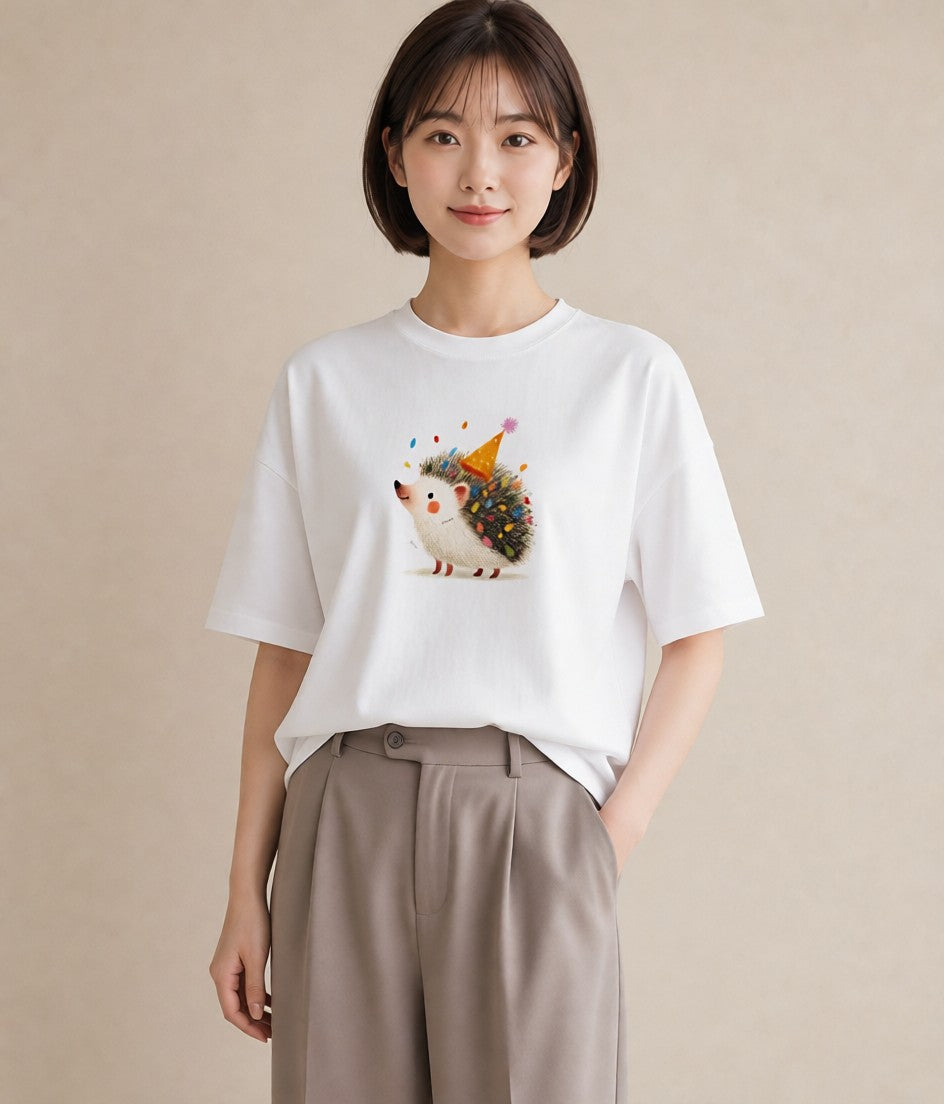 半袖Tシャツ レディース ハリネズミ ペット 動物 イラスト ガーリー 休日 ペアコーデ 白T YMAZO
