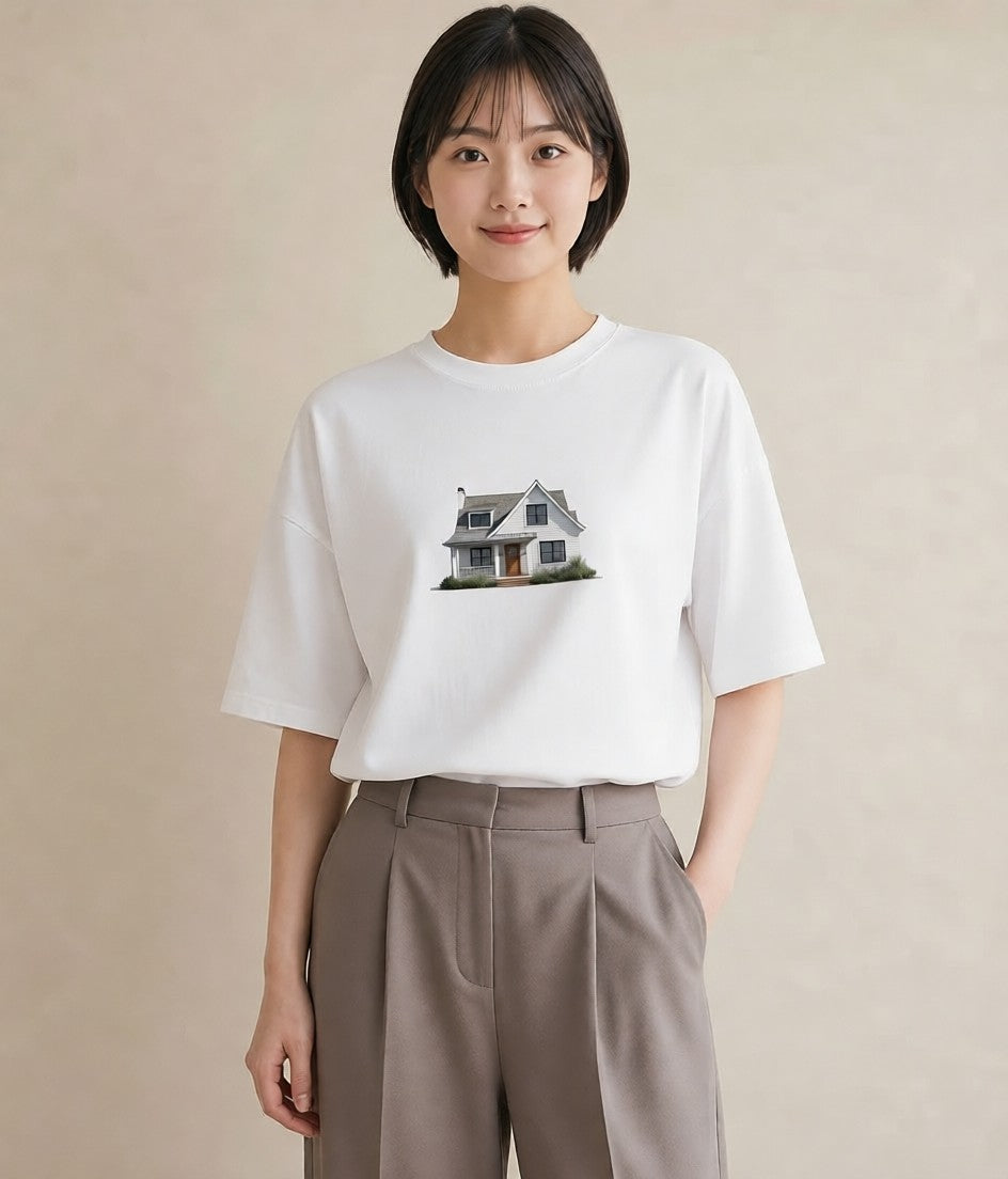 デザインTシャツ レディース 湖畔の小屋 湖 小屋 ナチュラル アンティーク イラスト アート風 女性 旅行用 白T YMAZO