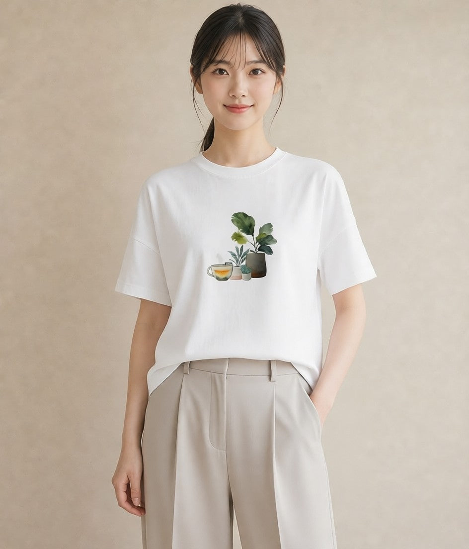 プリントTシャツ レディース 夕暮れ バルコニー 夕焼け ナチュラル アンティーク イラスト 個性的 カジュアルコーデ 買い物 白T YMAZO