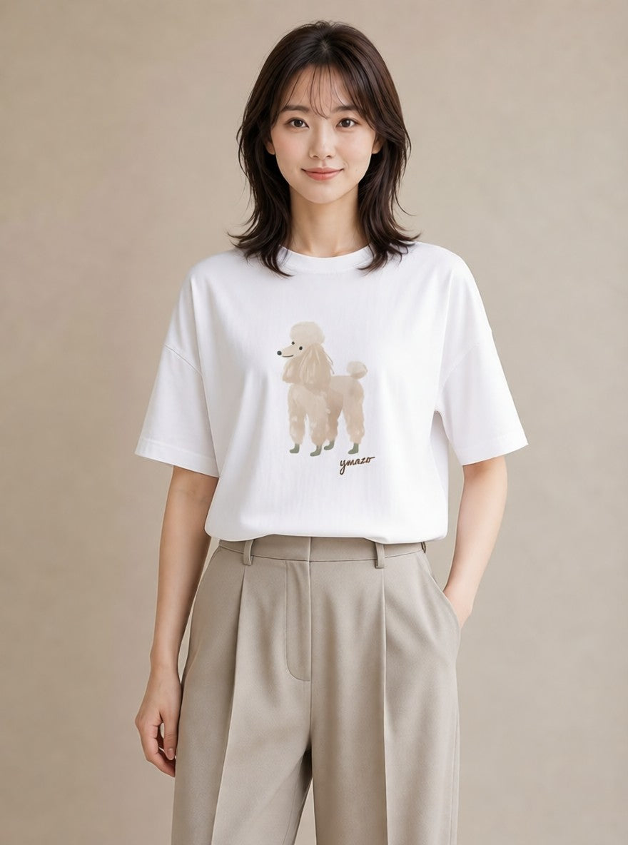 デザインTシャツ レディース トイプードル プードル 犬 いぬ イラスト 旅行コーデ 秋コーデ おしゃれギフト 白T YMAZO