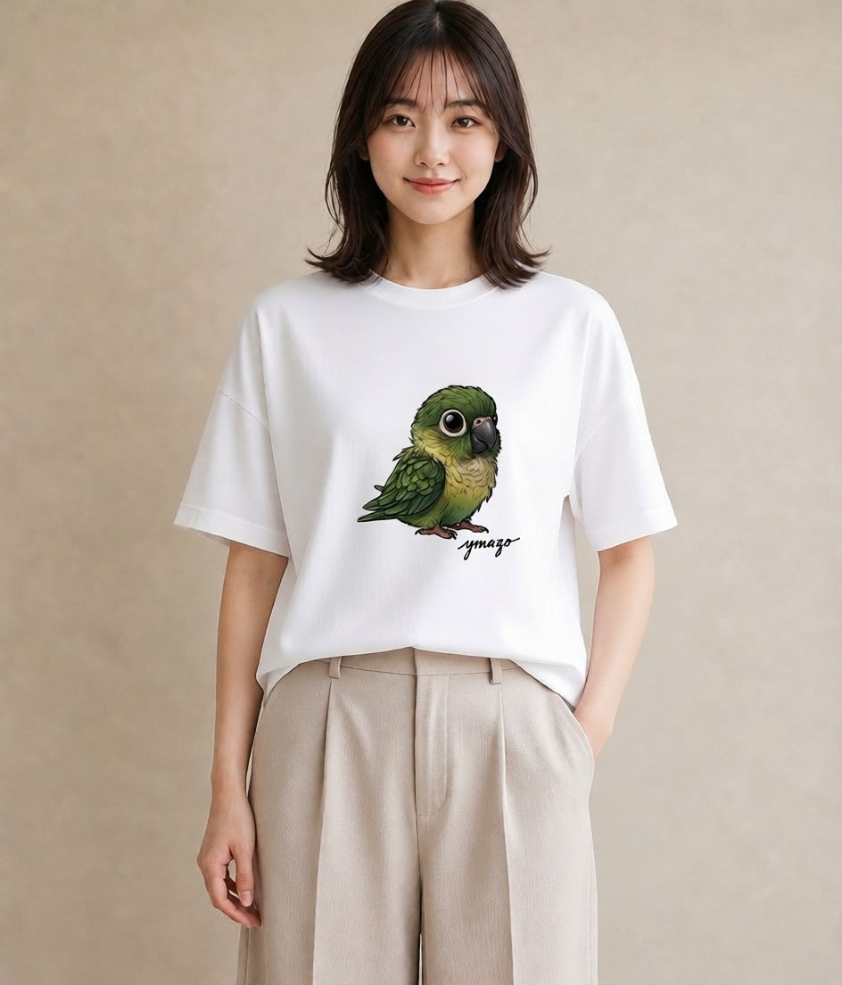 半袖Tシャツ レディース ボタンインコ ペット 動物 イラスト ニュアンス ママ カフェ服 白T YMAZO