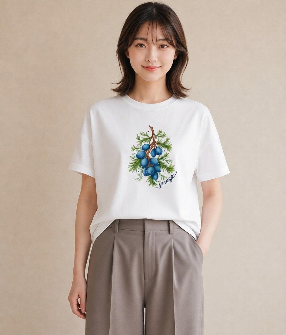 グラフィックTシャツ レディース 木の実 植物 ボタニカル イラスト ニュアンス カジュアルコーデ 買い物 白T YMAZO