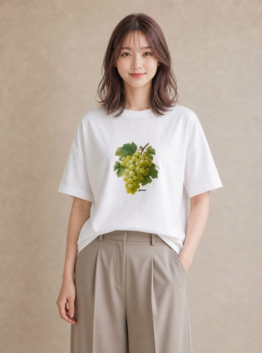 デザインTシャツ レディース ぶどう 葡萄 食べ物 フード イラスト ラフカジュアル お揃い 親子 白T YMAZO