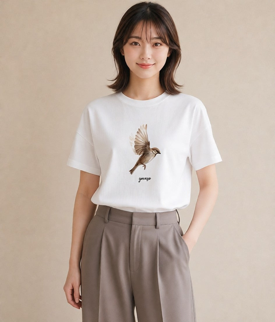 半袖Tシャツ レディース 文鳥 ペット 動物 イラスト ミニマル 友達ギフト 部屋着 白T YMAZO
