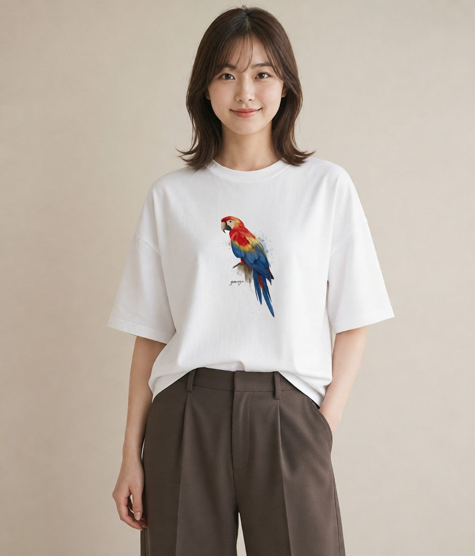 半袖Tシャツ レディース ボタンインコ ペット 動物 イラスト 旅行コーデ レイヤード 友達ギフト 白T YMAZO