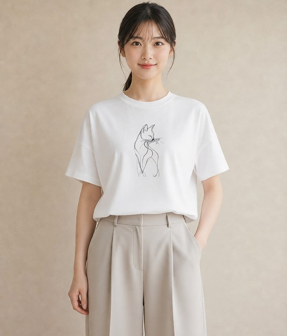 プリントTシャツ レディース 猫 ねこ ネコ イラスト 上品 社会人 女性 白T YMAZO