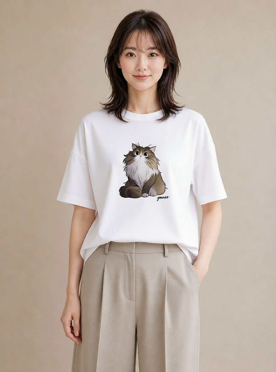 グラフィックTシャツ レディース 猫 ねこ イラスト 休日コーデ ミセス 春コーデ 白T YMAZO
