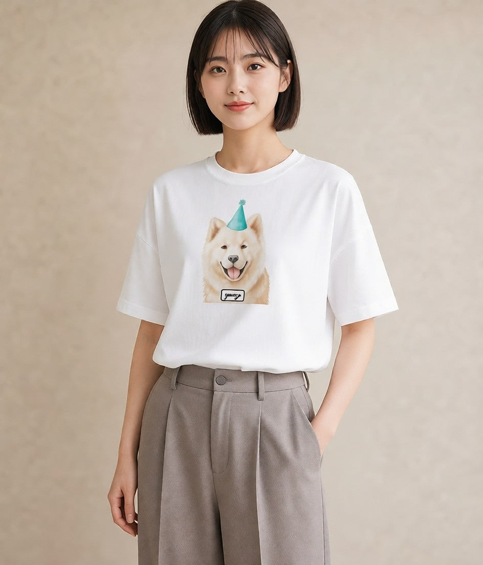 プリントTシャツ レディース サモエド 犬 いぬ イラスト ラフ 週末コーデ 敬老の日 白T YMAZO