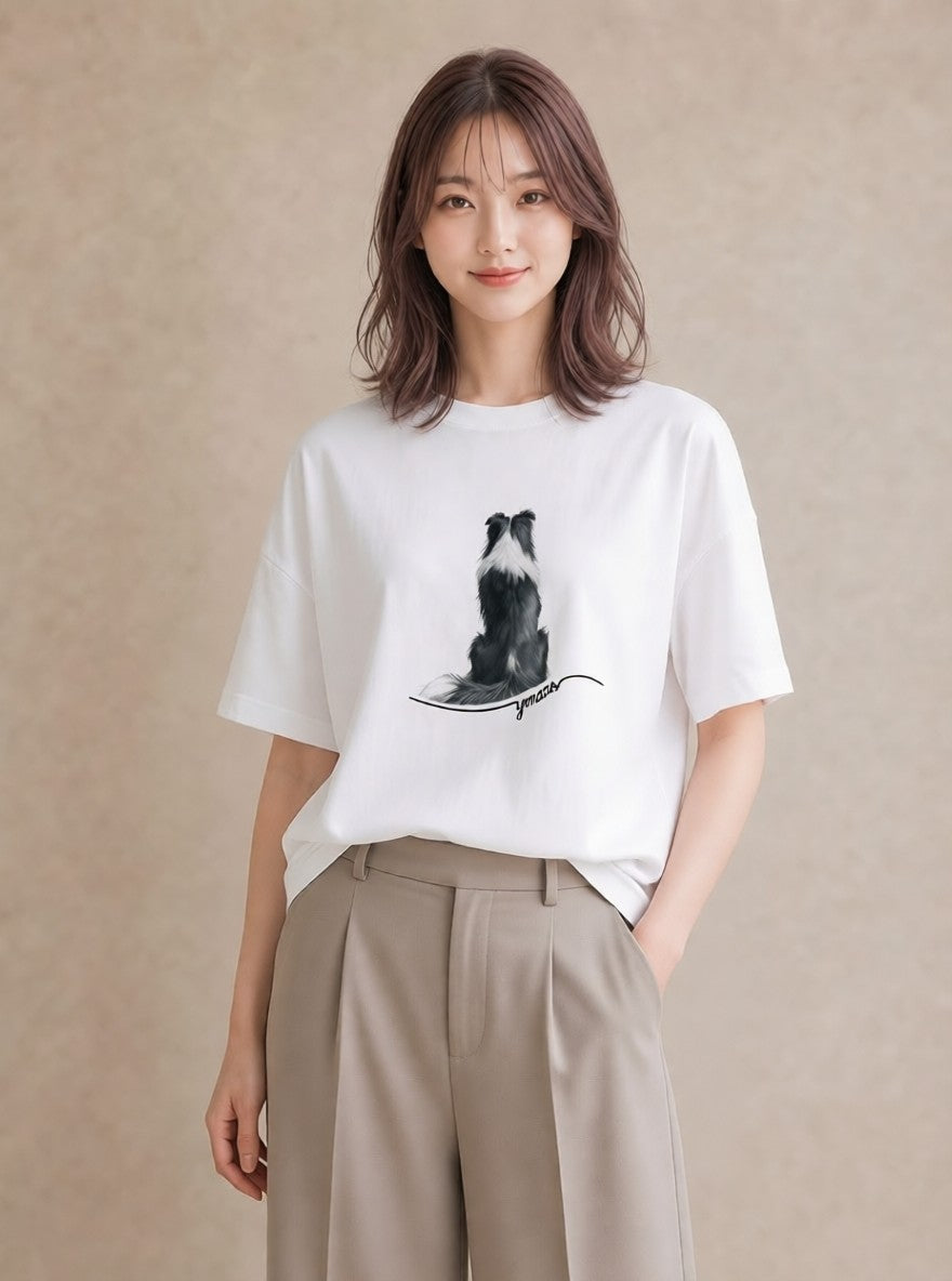 デザインTシャツ レディース ボーダーコリー 犬 いぬ イラスト ラフカジュアル 公園 ママ 白T YMAZO