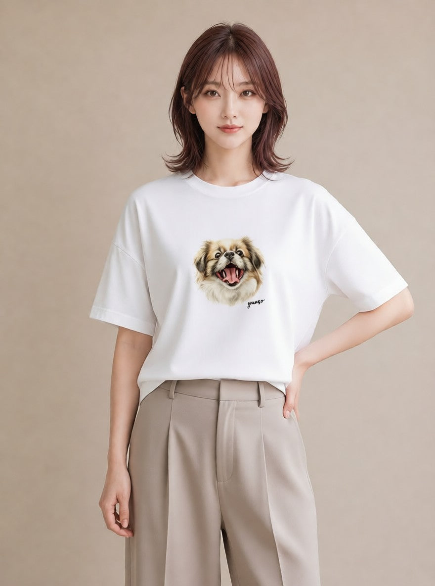 デザインTシャツ レディース 狆 犬 いぬ イラスト ユニーク 誕生日プレゼント 綿100 白T YMAZO
