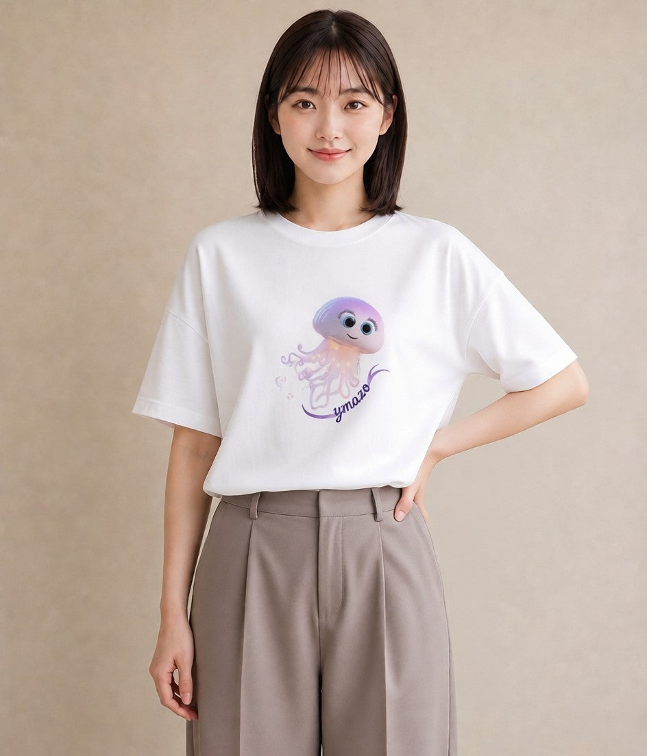 グラフィックTシャツ レディース イカ 海の生き物 海 イラスト ナチュラル 夏コーデ 通学 白T YMAZO