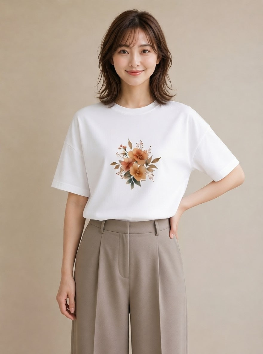Tシャツ レディース 花 花柄 イラスト カフェコーデ 海 カフェ巡り 白T YMAZO