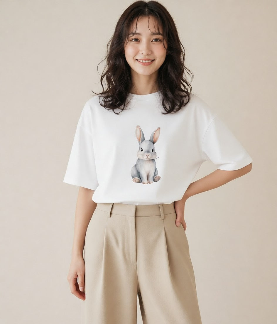 グラフィックTシャツ レディース ミニうさぎ ペット 動物 イラスト 淡色 誕生日プレゼント 綿100 白T YMAZO