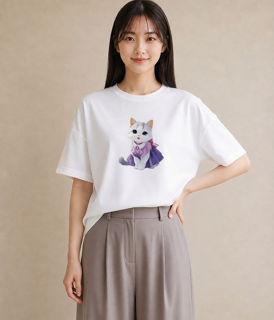 Tシャツ レディース 白猫 猫 ねこ イラスト 普段使い 敬老の日 ホワイトデー 白T YMAZO