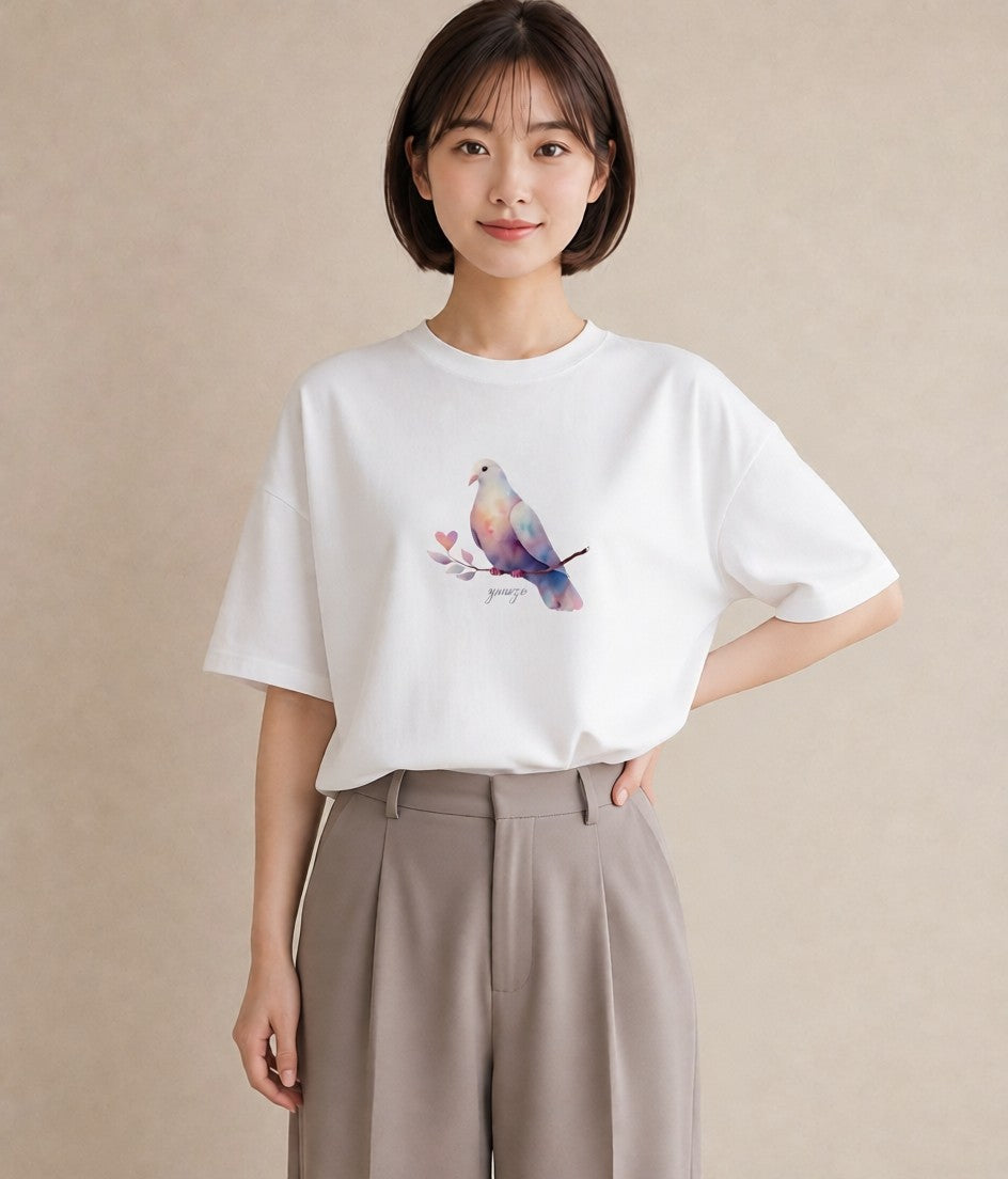 プリントTシャツ レディース ボタンインコ ペット 動物 イラスト こなれ感 ホワイトデー 春服 白T YMAZO
