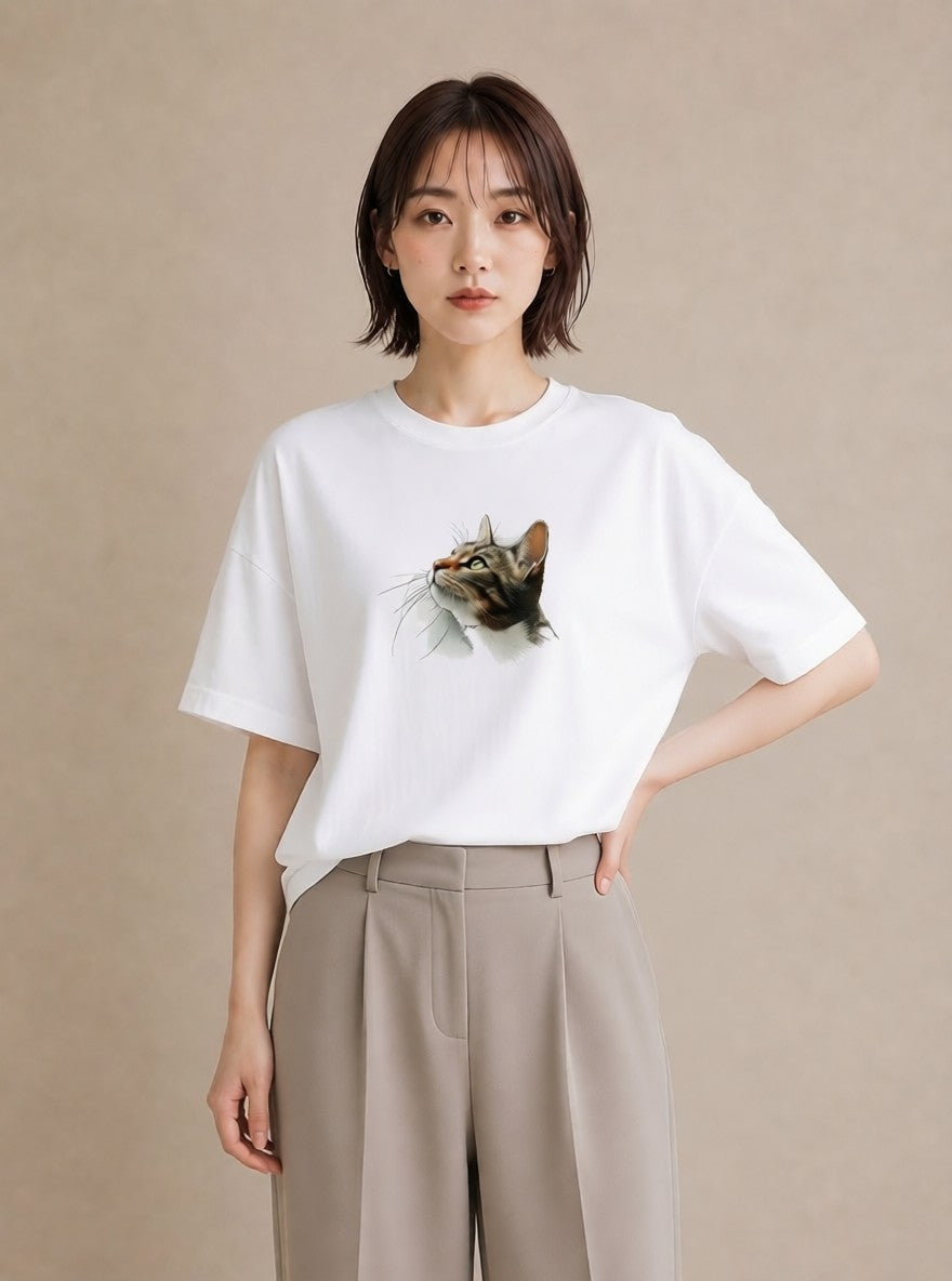 グラフィックTシャツ レディース 猫 ねこ イラスト 北欧風 旅行用 海 白T YMAZO