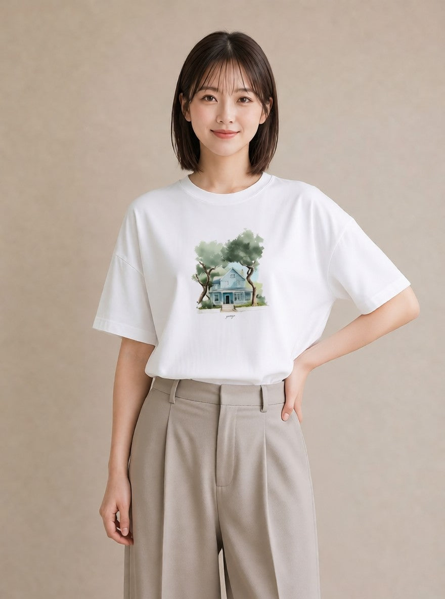 プリントTシャツ レディース 灯りの家 小屋 夜 ナチュラル アンティーク イラスト レイヤード 友達ギフト 白T YMAZO