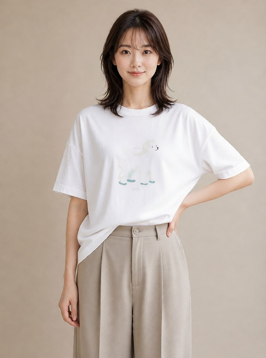デザインTシャツ レディース ビションフリーゼ 犬 いぬ イラスト ガーリー 休日 ペアコーデ 白T YMAZO
