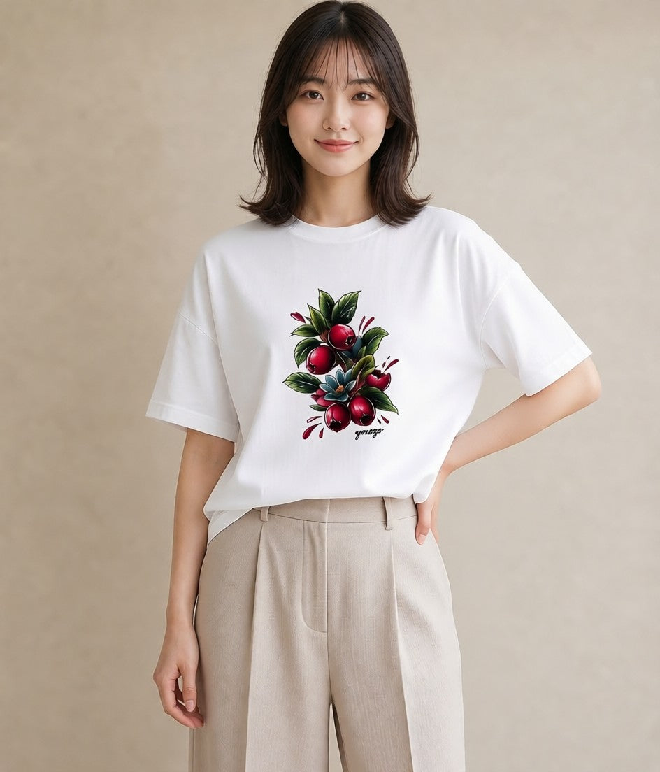 Tシャツ レディース 木の実 植物 ボタニカル イラスト ラフ お出かけ 普段着 白T YMAZO