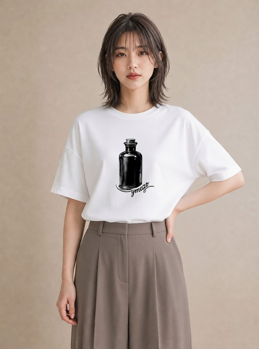 Tシャツ レディース ガラス瓶 小枝 ボタニカル ナチュラル アンティーク イラスト 韓国風 ビーチ デイリーウェア 白T YMAZO