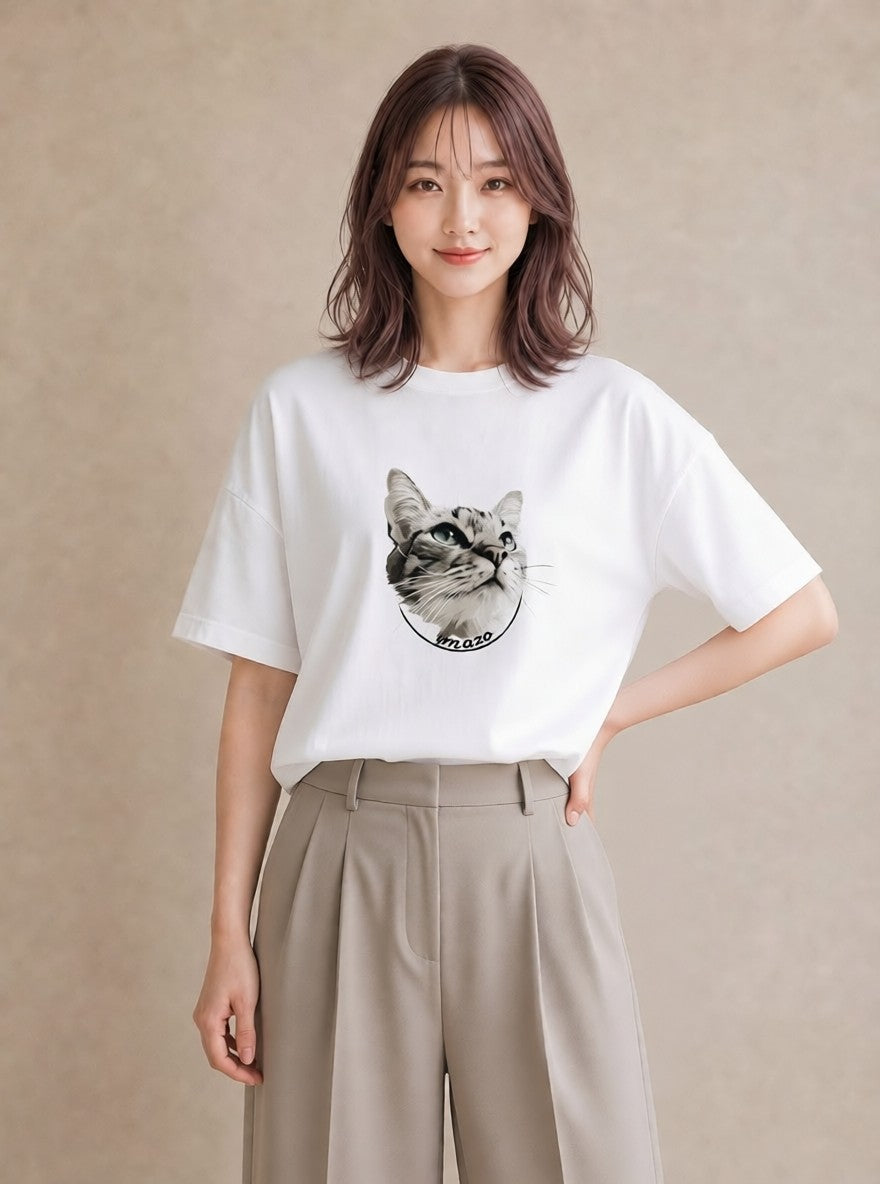 プリントTシャツ レディース シャム柄 猫 ねこ イラスト こなれ感 ミセス 春コーデ 白T YMAZO