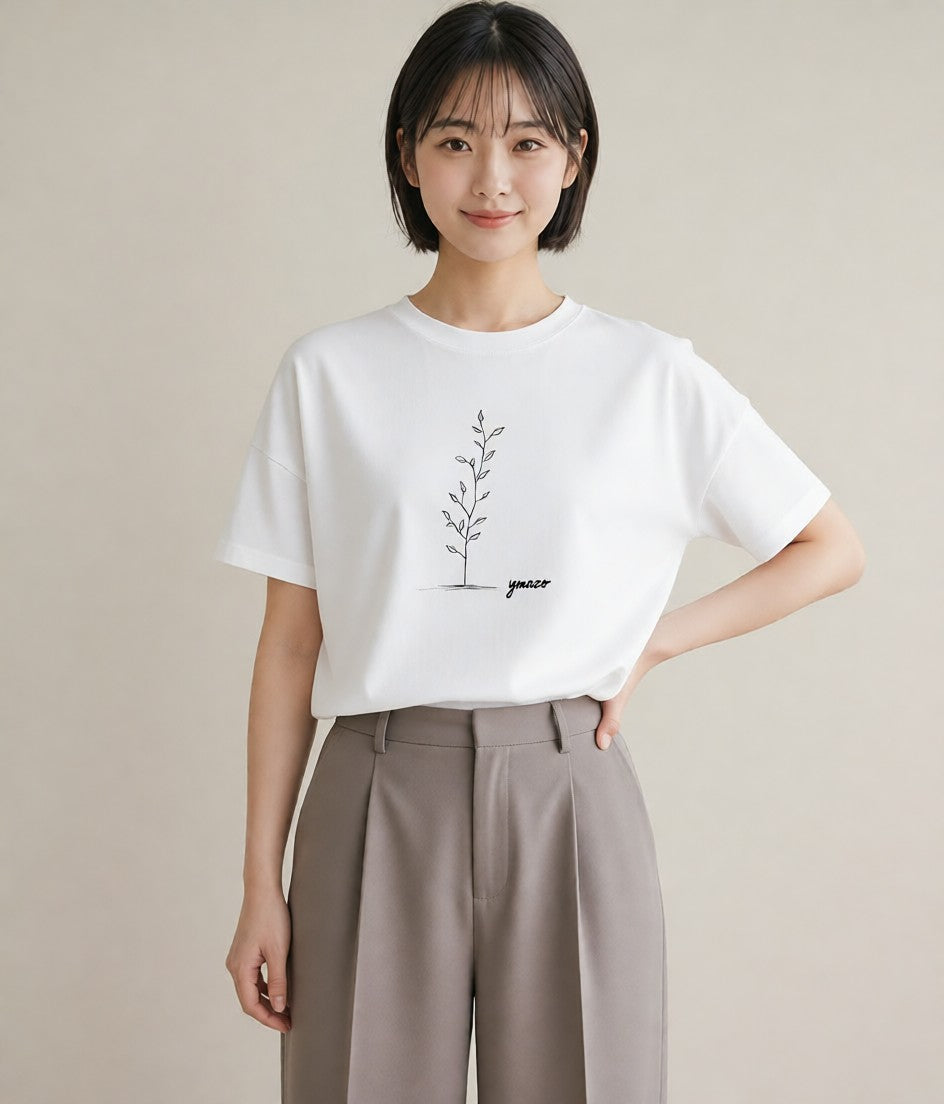プリントTシャツ レディース 小花 花 フラワー イラスト お洒落 買い物 夏コーデ 白T YMAZO