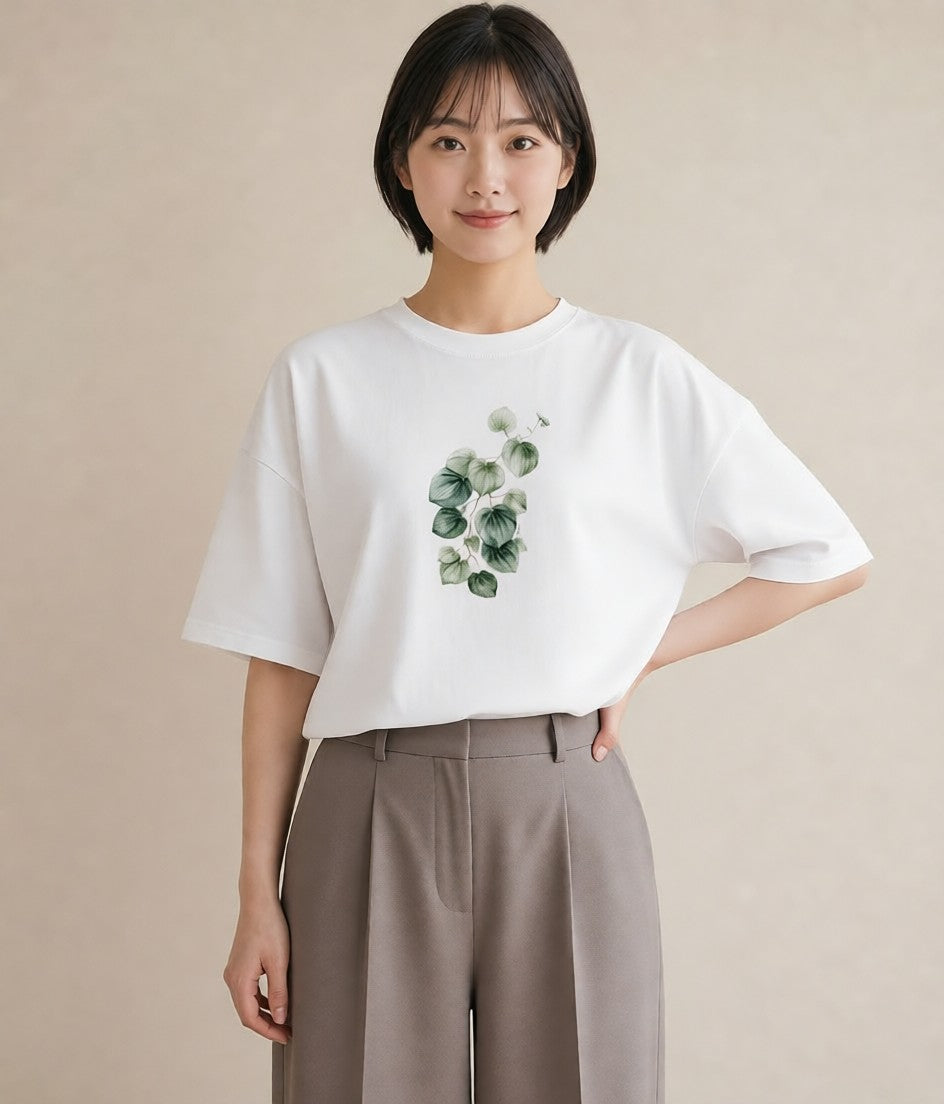デザインTシャツ レディース つる 植物 ボタニカル イラスト ガーリー ラフ レイヤード 白T YMAZO