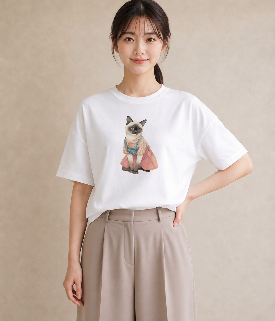 グラフィックTシャツ レディース 猫好き 猫 ねこ イラスト きれいめ 散歩 お出かけ 白T YMAZO