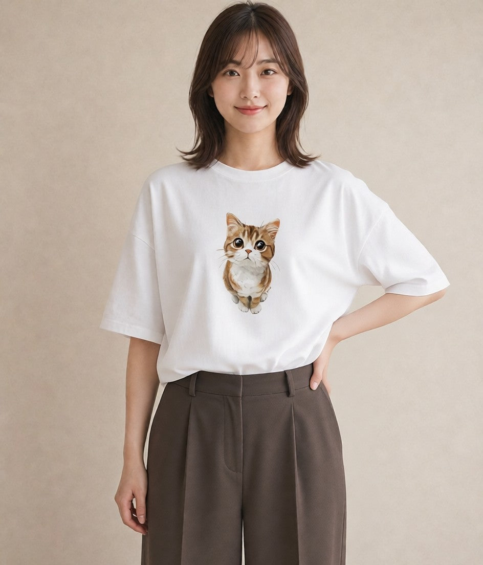 Tシャツ レディース アビシニアン 猫 ねこ イラスト ゆるコーデ 女性向けギフト 散歩 白T YMAZO