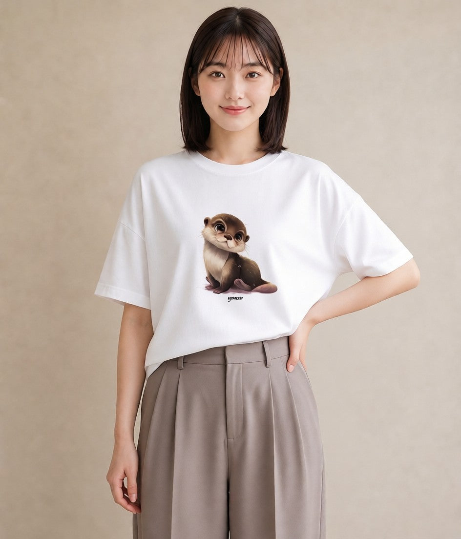 Tシャツ レディース フェレット ペット 動物 イラスト フェミニン 誕生日プレゼント 綿100 白T YMAZO