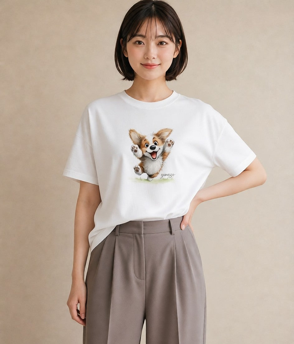 デザインTシャツ レディース ウェルシュコーギー コーギー 犬 いぬ イラスト お洒落 ペアコーデ 秋コーデ 白T YMAZO