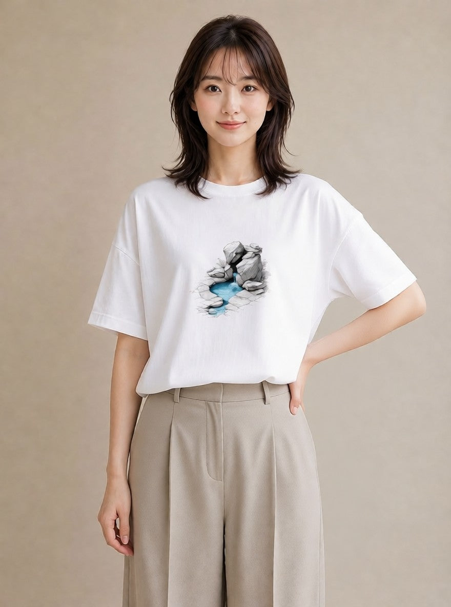 グラフィックTシャツ レディース 小川 橋 せせらぎ ナチュラル アンティーク イラスト カジュアルコーデ 買い物 白T YMAZO