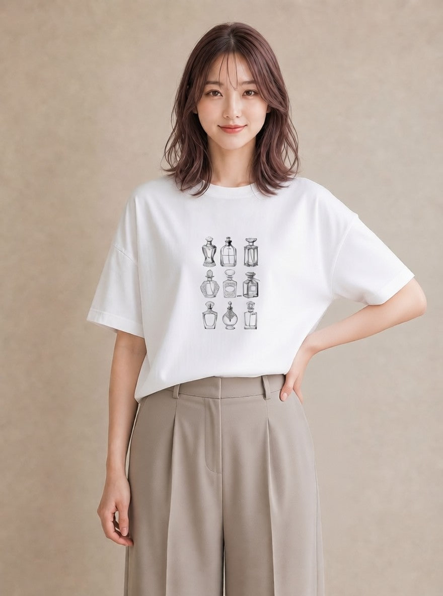 デザインTシャツ レディース 香水 香水瓶 パフューム イラスト ポップ 20代 カジュアルコーデ 白T YMAZO