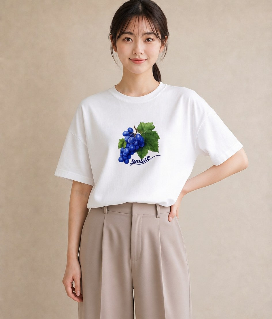 Tシャツ レディース ぶどう 葡萄 食べ物 フード イラスト カフェコーデ 春服 ミセス 白T YMAZO