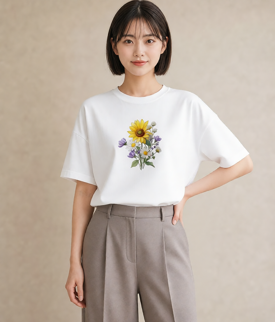 半袖Tシャツ レディース マーガレット 花 花柄 イラスト 送別ギフト 通勤 白T