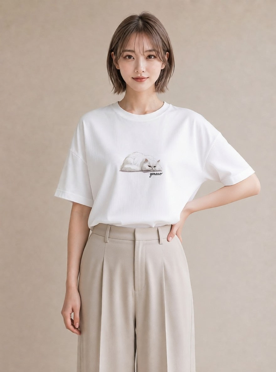 デザインTシャツ レディース スコティッシュフォールド 猫 ねこ イラスト 母の日 ビーチ 白T YMAZO