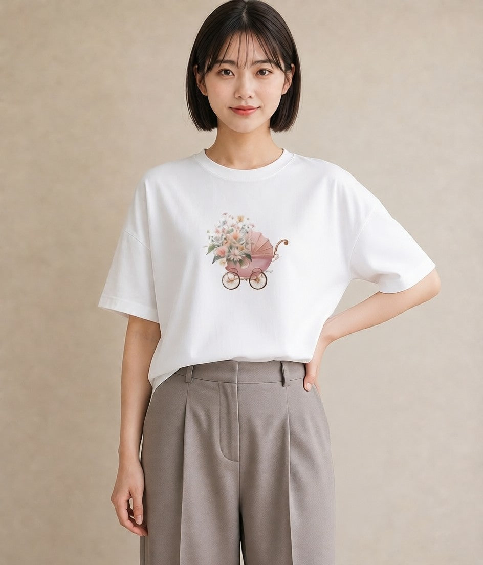 半袖Tシャツ レディース 自転車のかご 自転車 花かご ナチュラル アンティーク イラスト ラフカジュアル 普段着 週末コーデ 白T YMAZO