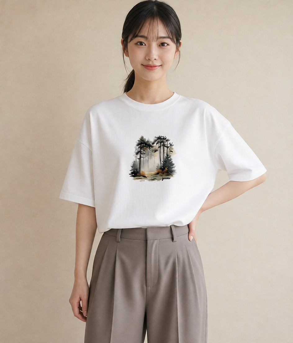 Tシャツ レディース 雨上がりの小道 雨上がり 小道 ナチュラル アンティーク イラスト 可愛い 春コーデ 姉妹 白T YMAZO