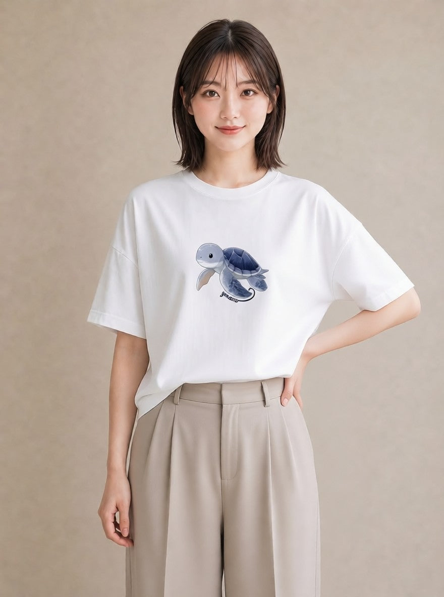 Tシャツ レディース ゼニガメ ペット 動物 イラスト お洒落 女性向けギフト 散歩 白T YMAZO