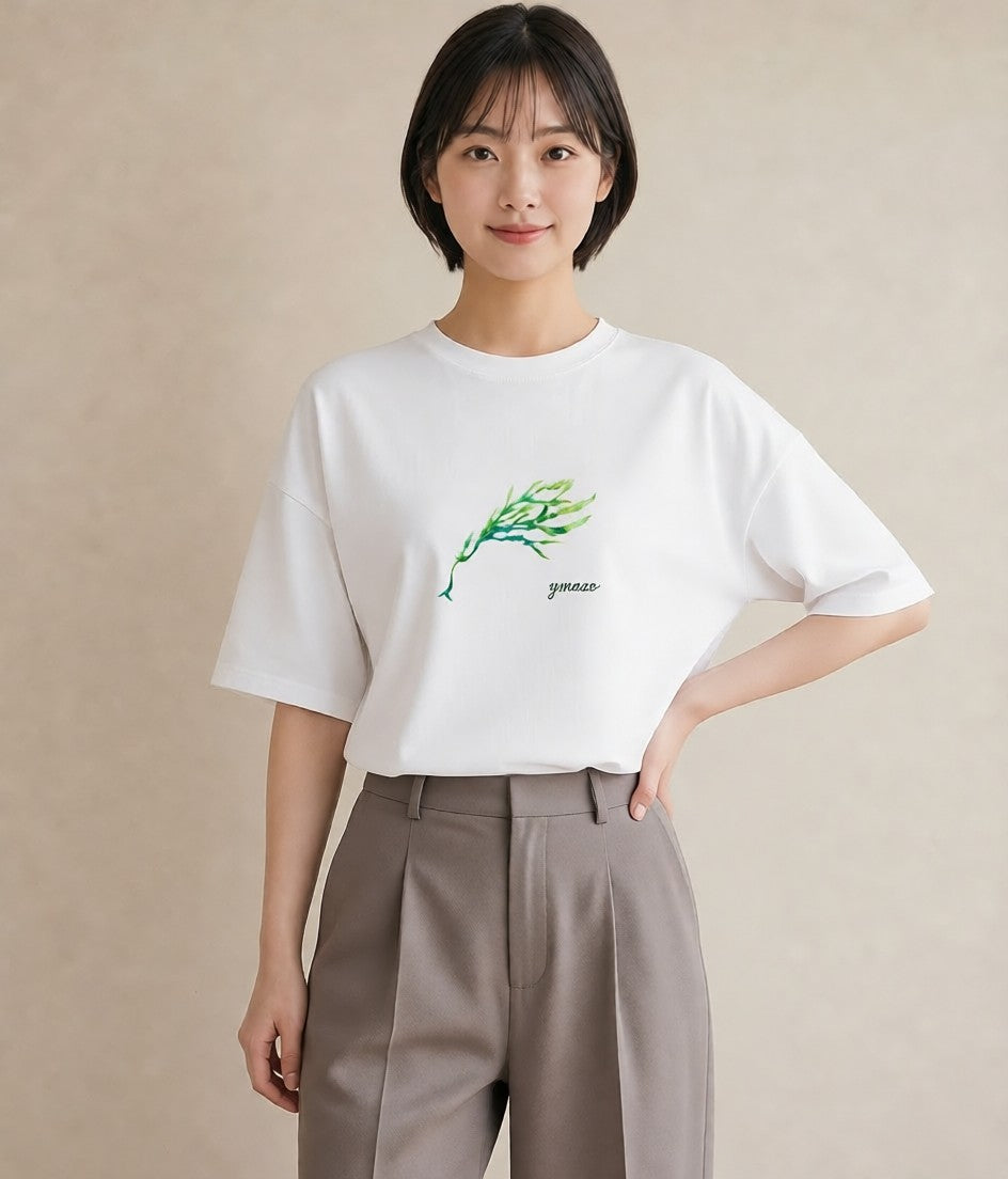 プリントTシャツ レディース 葉っぱ 植物 ボタニカル イラスト ラフカジュアル 普段着 週末コーデ 白T YMAZO