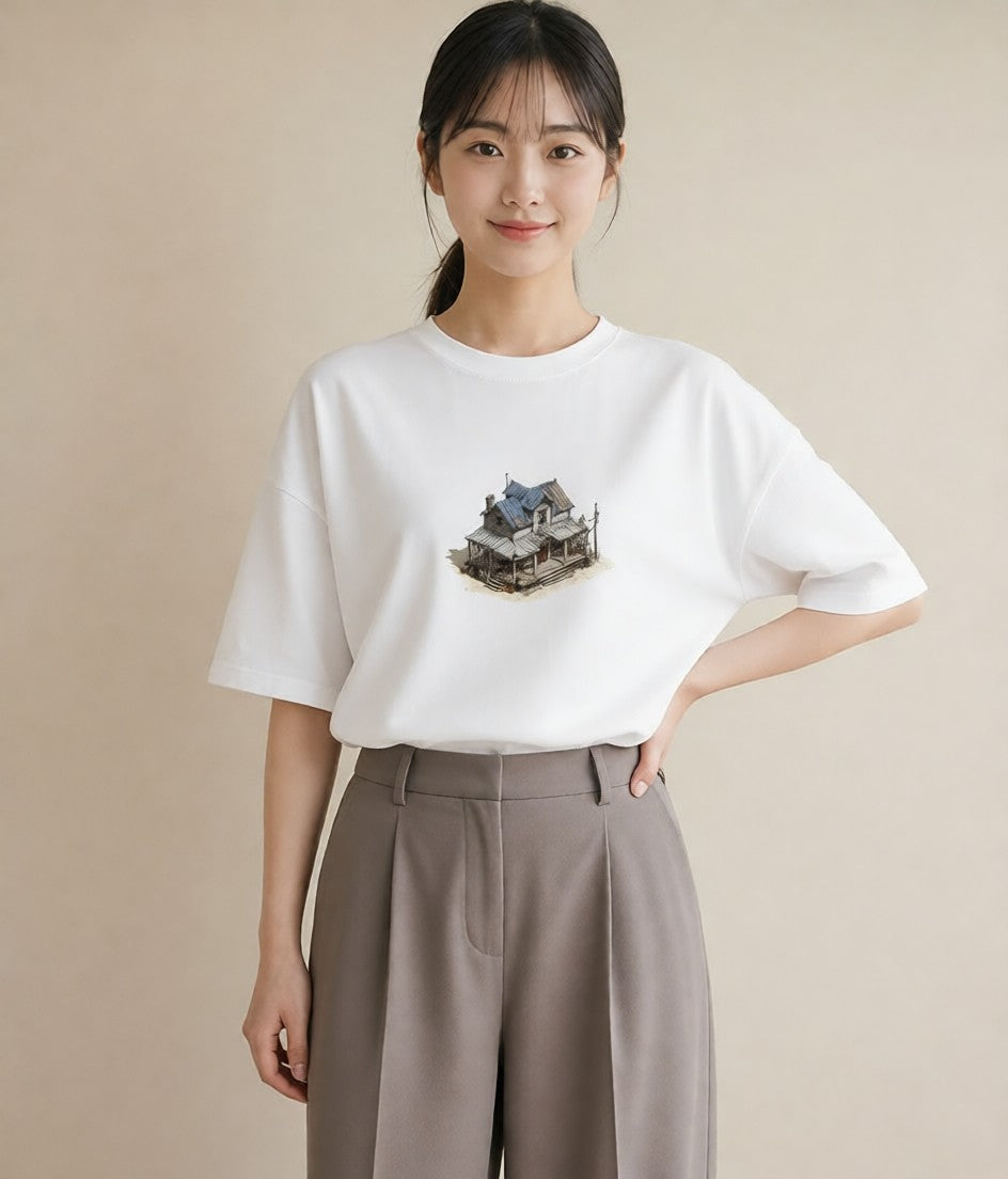 Tシャツ レディース 駅のホーム ローカル線 駅 ナチュラル アンティーク イラスト 手描き風 20代 カジュアルコーデ 白T YMAZO