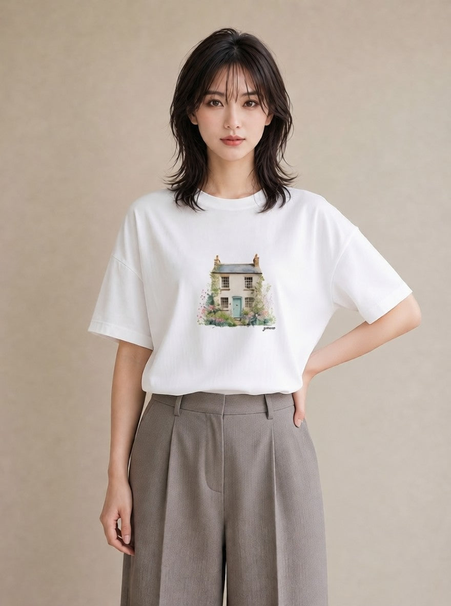 半袖Tシャツ レディース 湖畔の小屋 湖 小屋 ナチュラル アンティーク イラスト 韓国風 ママ カフェ服 白T YMAZO