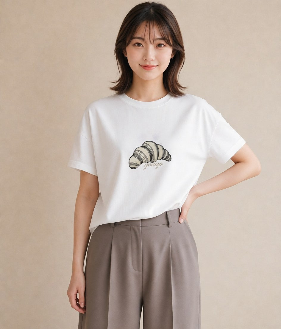 プリントTシャツ レディース パン ベーカリー レトロ イラスト 水彩風 ペアコーデ 秋コーデ 白T YMAZO